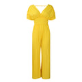 C8592  foreign trade  new european and american cross-border fashion v-neck high-waisted solid color sexy pleated jumpsuit