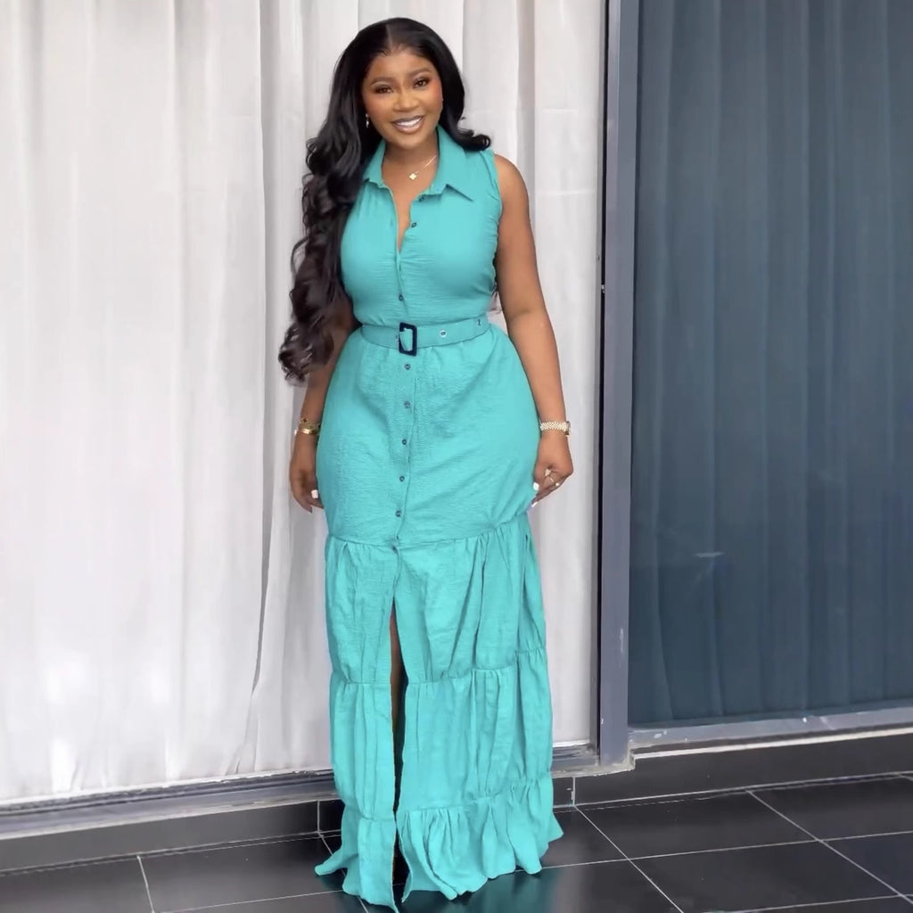 Europe and the United States  new women's clothing lapel cardigan sleeveless solid color temperament long dress with belt