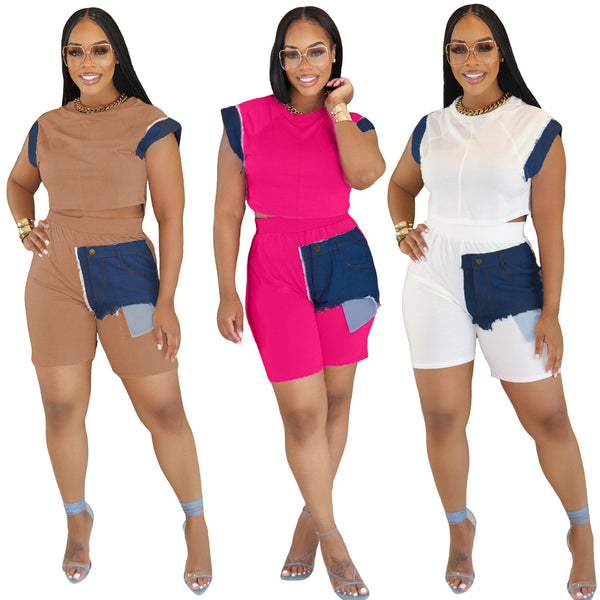 TD2808 European and American  women's clothing  casual denim splicing short-sleeved top set shorts two-piece set women