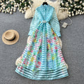 Frenchniche styleprinting stand collar long sleeves waist a-line dress female summerk-styleclassyelegant long skirt