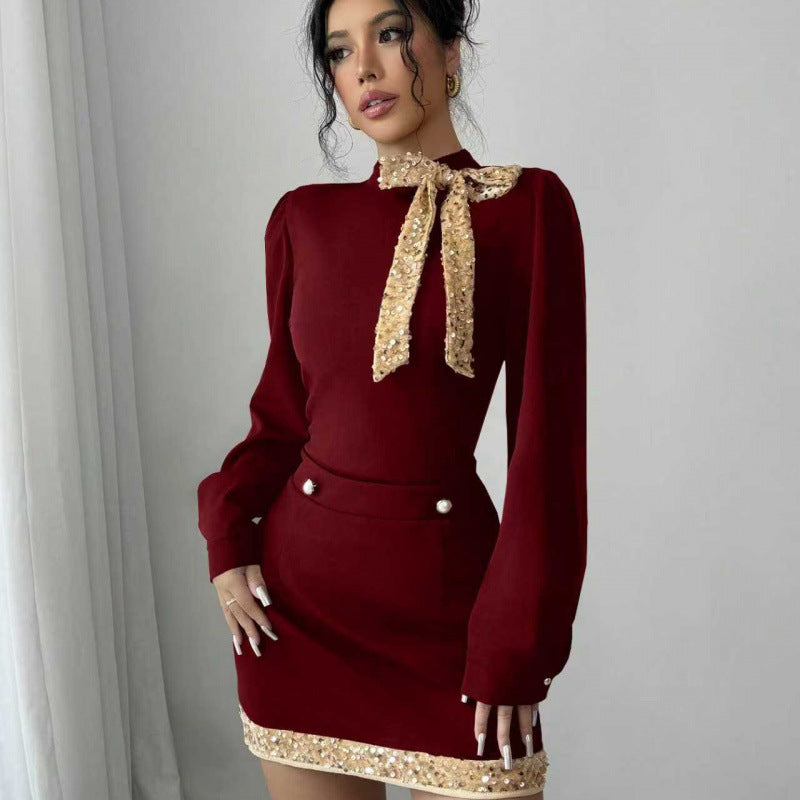 French ruffle trim heavy velvet mini dress - women's autumn/winter  retro style with gold buckle detail, slim fit