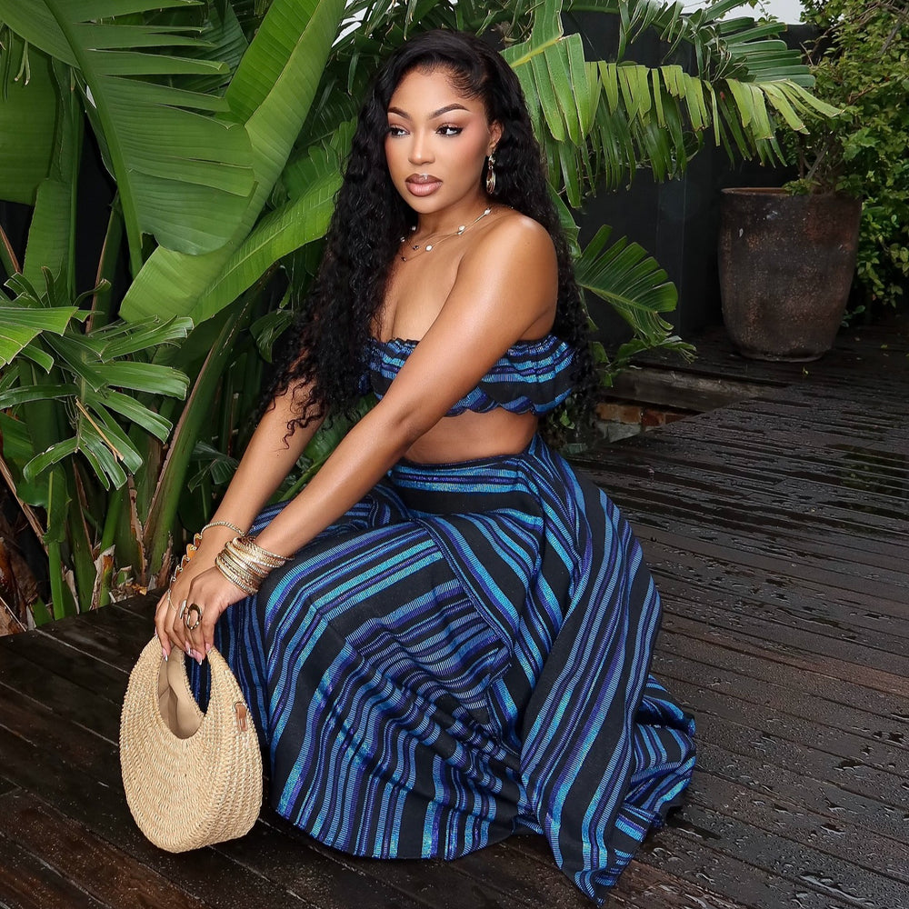 European and american cross-border women's fashion:  summer new sexy striped bandeau top and asymmetrical midi skirt fashion set