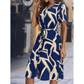 Shipped: cross-border european and american retro slim-fit printed vacation maxi dress with belt, v-neck, and short sleeves for women