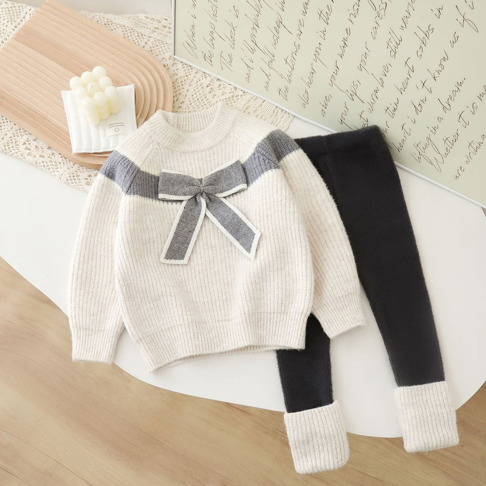 Girls' knit sweater and leggings set - new autumn/winter  collection - baby girl bowknot crewneck sweater and leggings outfit