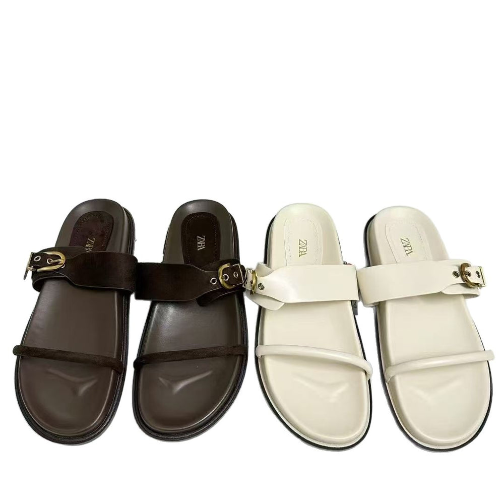 Za's 2025 new summer collection: flat metal fashion trendy single/double buckle strappy european & american style outdoor sandals for women