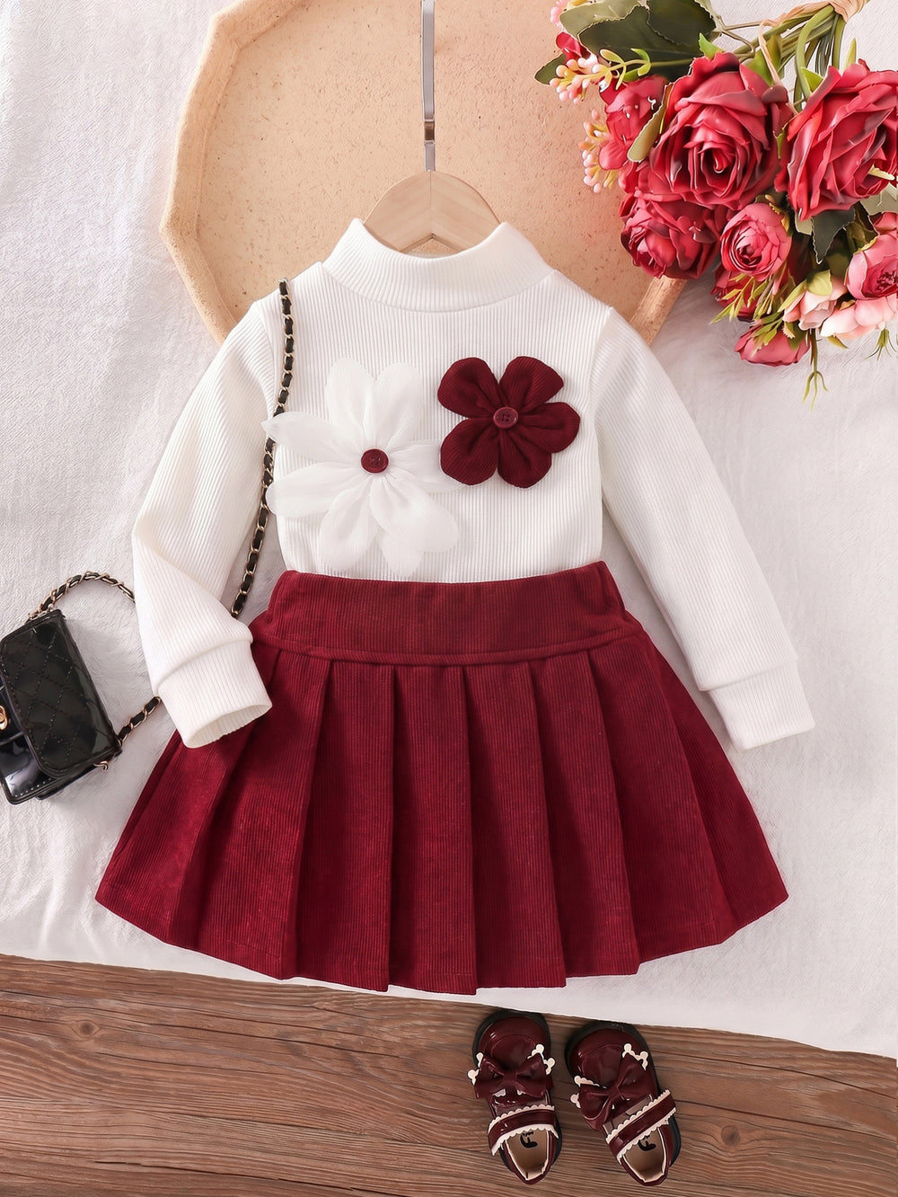 hot-selling girl stereo flower tops + a-line pleated skirt suittwo-piece set baby suit