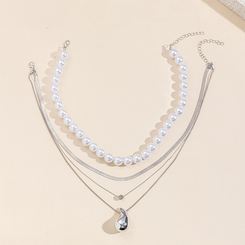 European and american cross-border e-commerce new jewelry exaggerated pearl layered necklace personalized irregular alloy diamond pendant for women