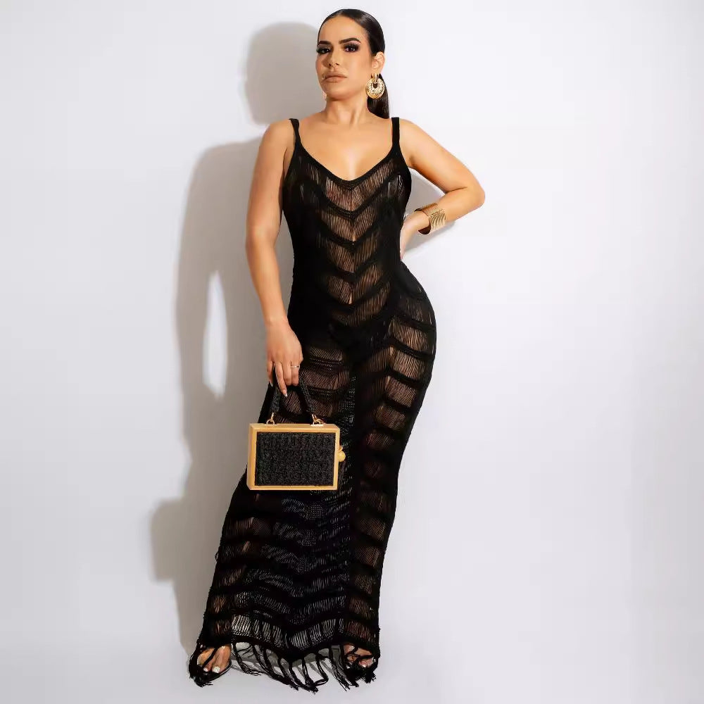 summer new women's long dress sexy knit cami tassel beach dress -  bestseller