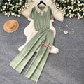 Lazy style knittingcute puppy suit women's summer lapel topshigh waistloose pantstwo-piece set relaxed feeling