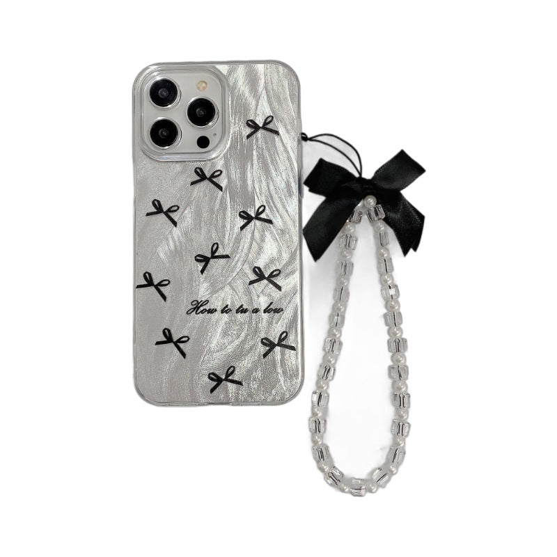 Feather yarn silver suitable for apple 16pro black bow mobile phone case iphone12/14 heart bracelet hard protective case