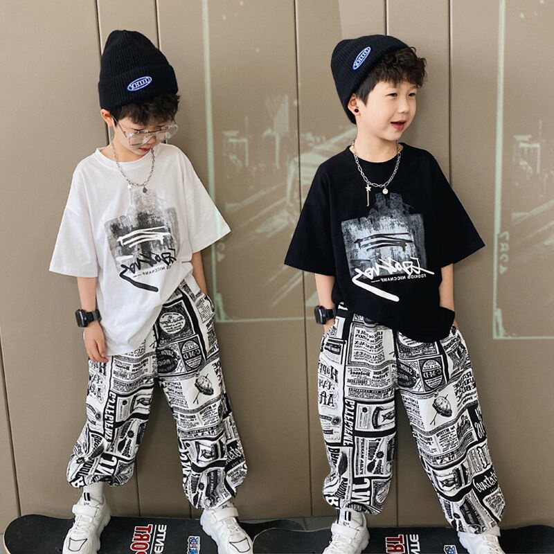 summer short-sleeve t-shirt for boys, ages 12-15, middle school students, trendy and stylish, ages 13-14, big kids' boys' outfit set