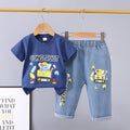 New boys' casual summer outfit set: cartoon elephant excavator print, 100% cotton short-sleeve tee + denim jeans - wholesale
