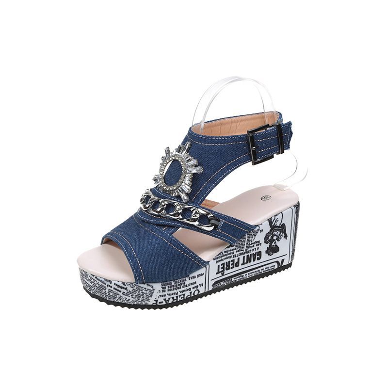 Plus size wedge heel denim peep-toe sandals -  new fashion, comfortable, versatile, rhinestone high heels for export