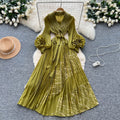 Miya european and american dress women's 2025 autumn tie-waist collared 3d floral lantern sleeve pleated maxi dress
