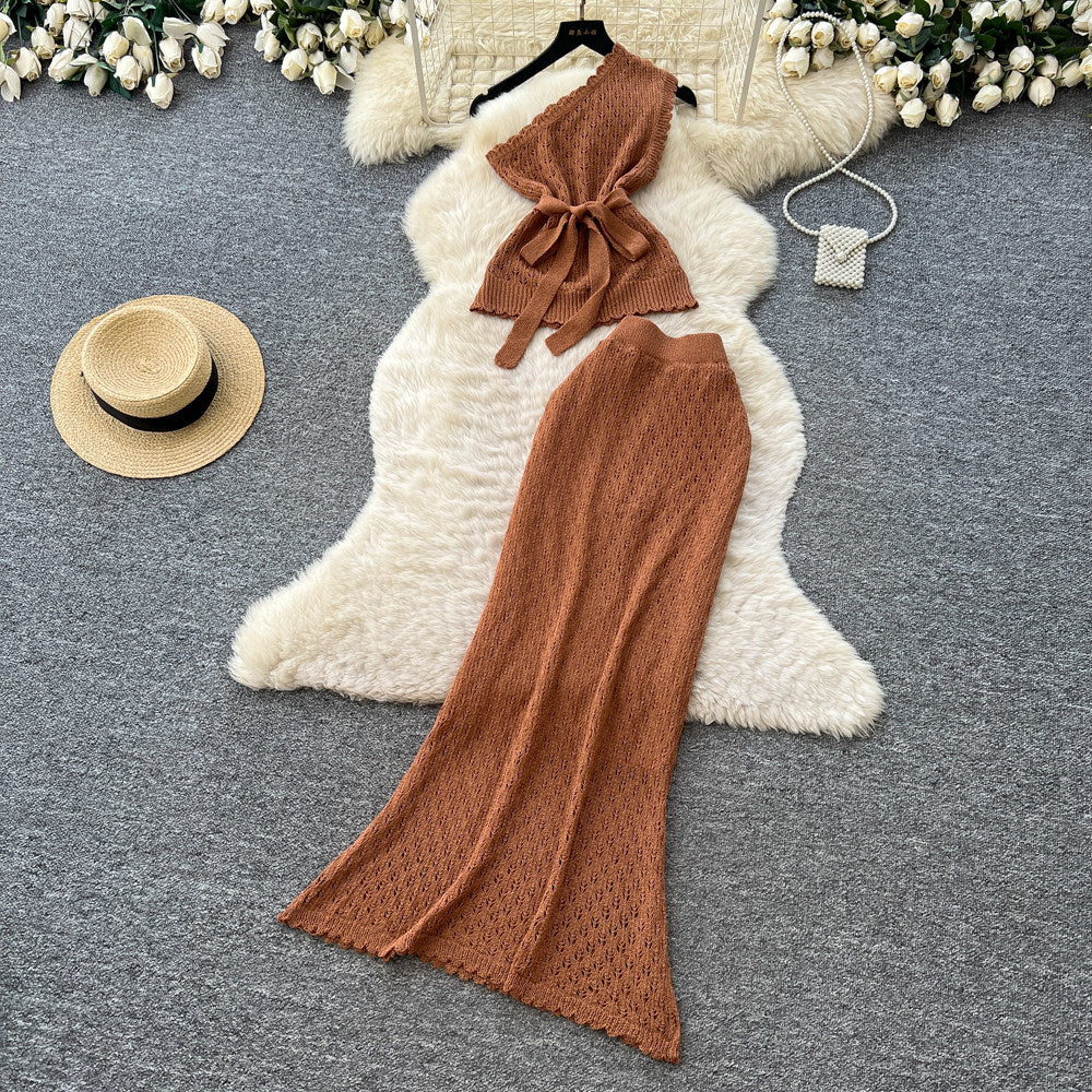 Vacation style knitting vest sleeveless high waist skirt women's summer silmslimming lookwork clothingeleganceeleganttwo-piece set