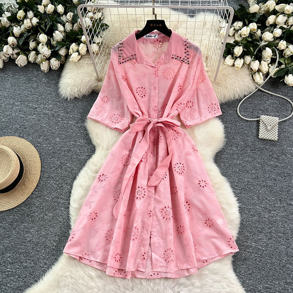 Frenchfashionable heavy industry diamond-encrusted polo collar short-sleeved dress women's summer strappy waist cut outembroider shirt skirt