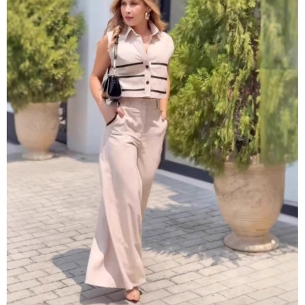 European and American spot women's clothing 2025 new fashion contrasting color short sleeveless top casual wide-leg pants two-piece set