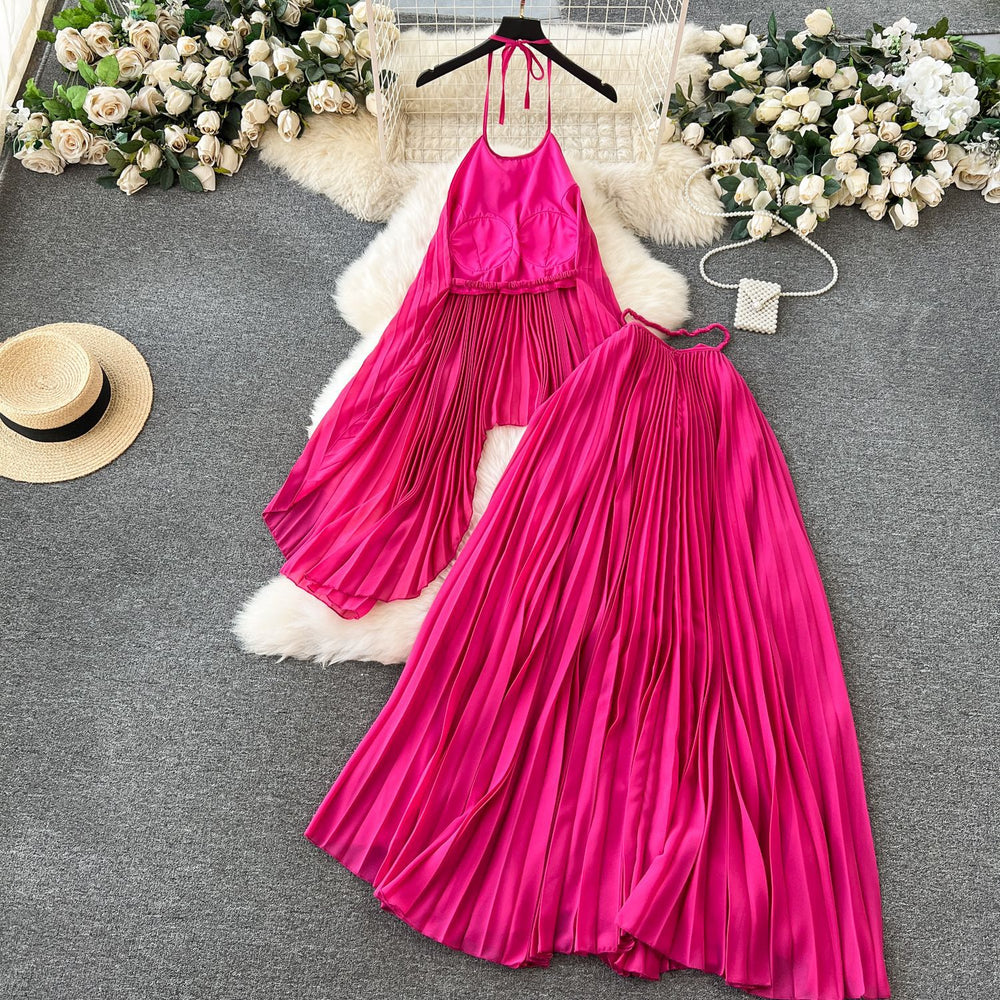 Beach vacation style set for women,  new arrival: halter chiffon top with heavily pleated skirt, premium two-piece outfit