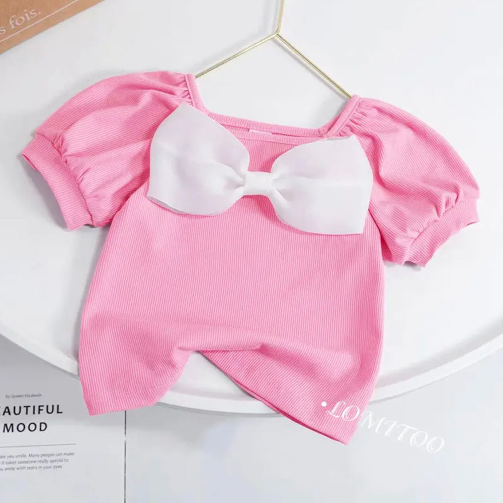 Fresh & sweet short-sleeve bow t-shirt for girls - new summer collection: baby girl's basic tee with puff sleeves