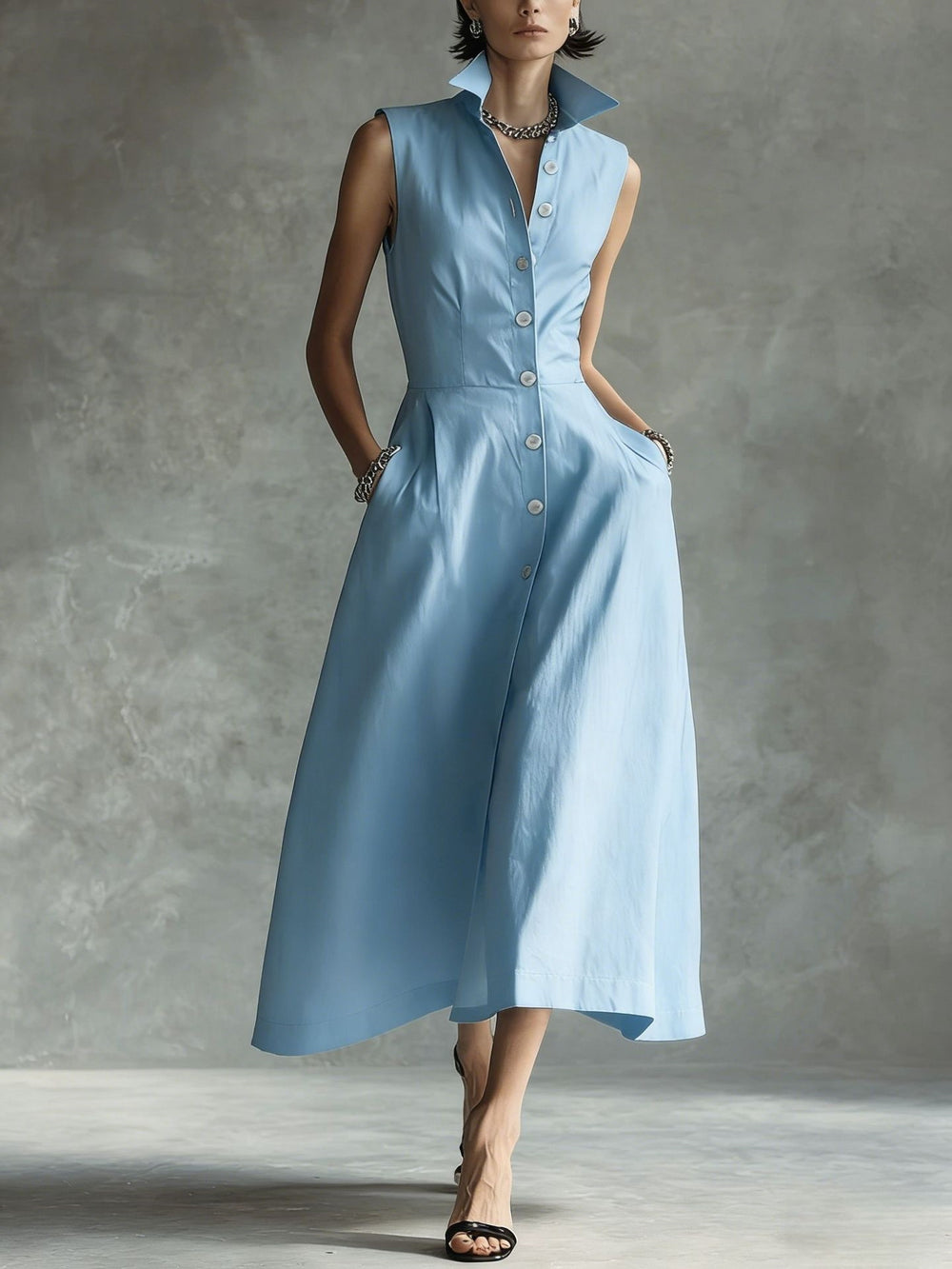 European and american cross-border independent station  summer new fashion casual stand collar elegant trendy button-down dress