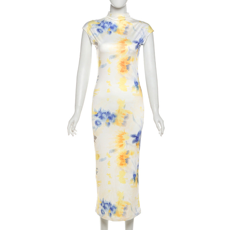 Europe, America 2025 spring and summer new women's clothing temperament elegant semi-turtleneck short-sleeved flower contrasting color printing tight dress