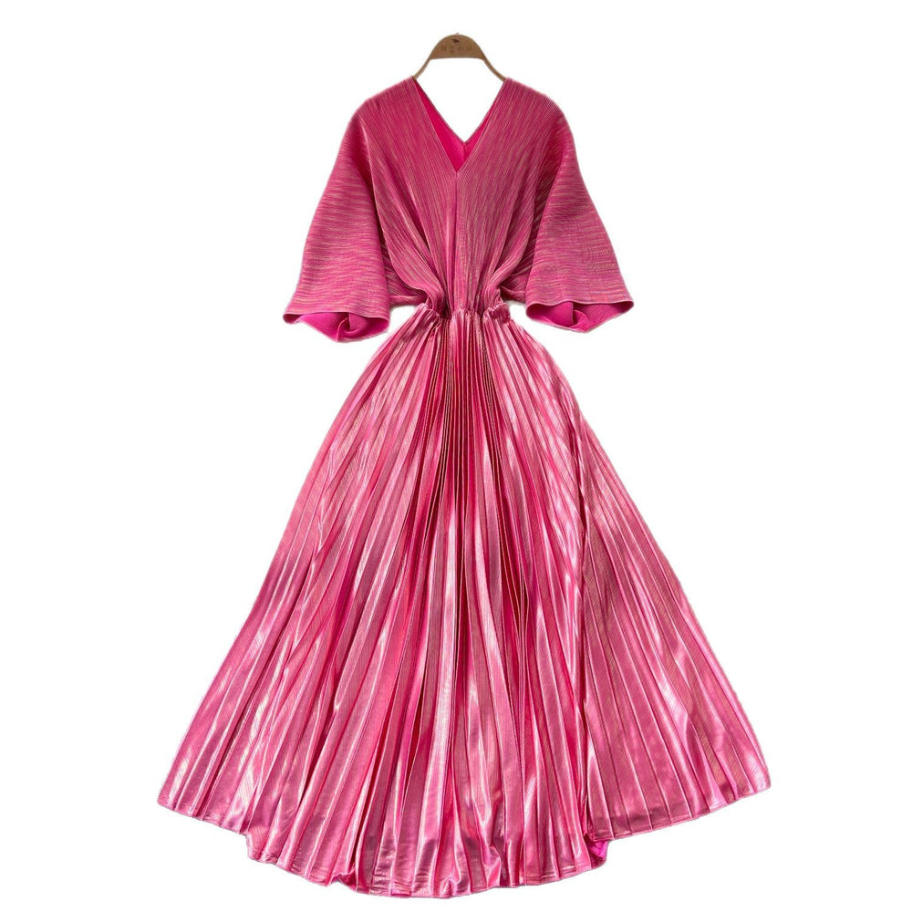 Miya european and american pleated dress for women summerclassyaccessible luxuryv neck bat sleeve waist metal pleated long skirt