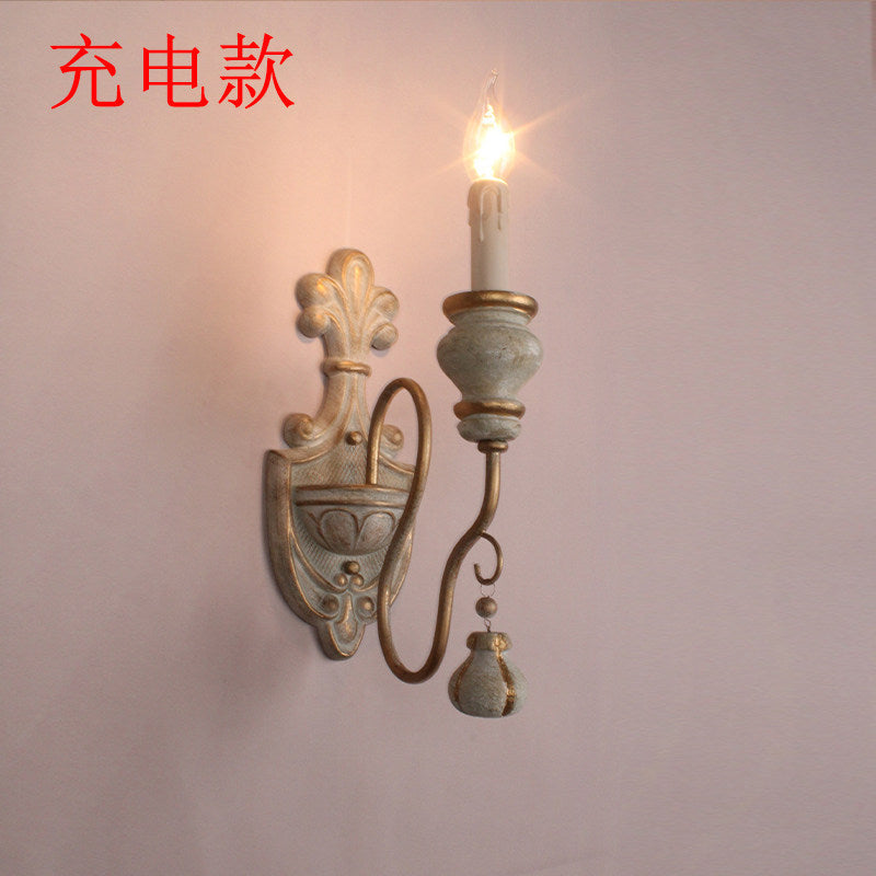 American retro wall lamp - cordless charging, solid wood, french style for living room, bedroom, bedside, hallway, stairway, candle wall sconce
