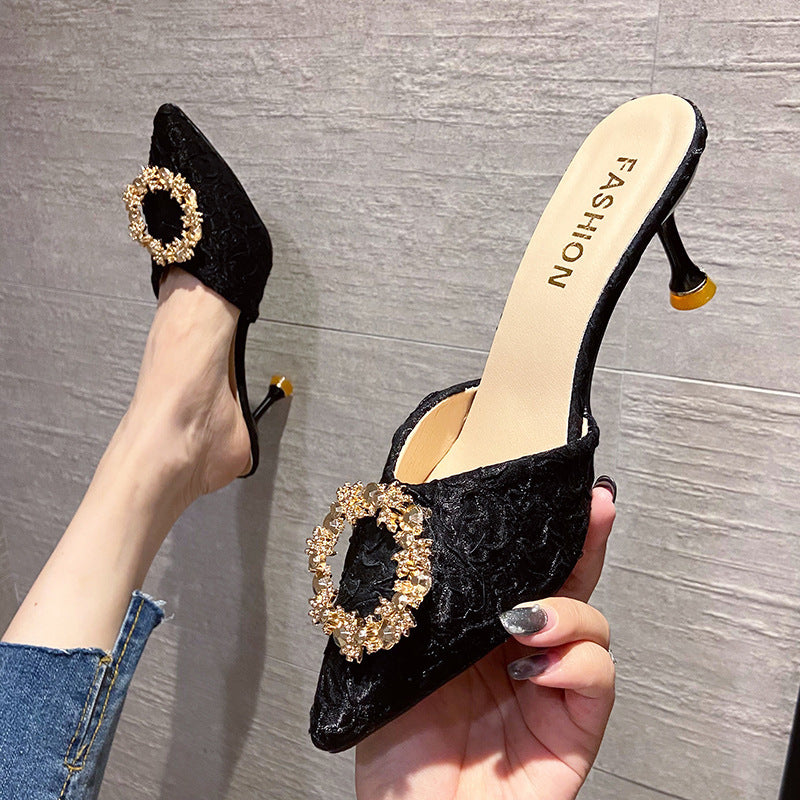 Women's summer outdoor slippers, 2023 new french style rhinestone high heel mules, stiletto heel closed-toe sandals, black