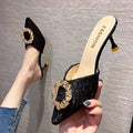 Women's summer outdoor slippers, 2023 new french style rhinestone high heel mules, stiletto heel closed-toe sandals, black