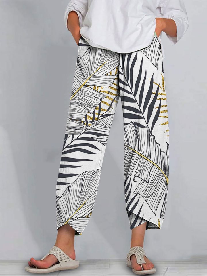 new  wide-leg pants: relaxed fit, cotton linen blend, printed, pocketed, elastic waist, cropped length - women's - in stock