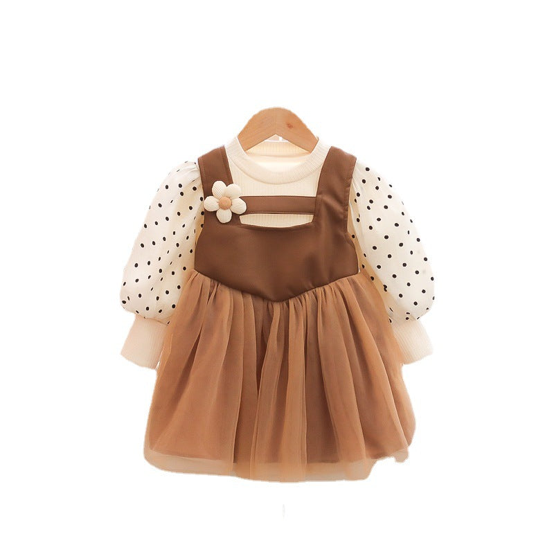 Korean style girls' dress spring  children's fashionable fake two-piece polka dot tulle skirt princess dress for baby girls
