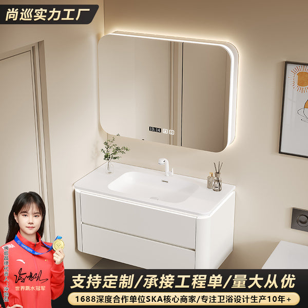 [Customized] Rounded corner bathroom cabinet ceramic integrated basin washstand bathroom wash basin combination solid wood bathroom cabinet