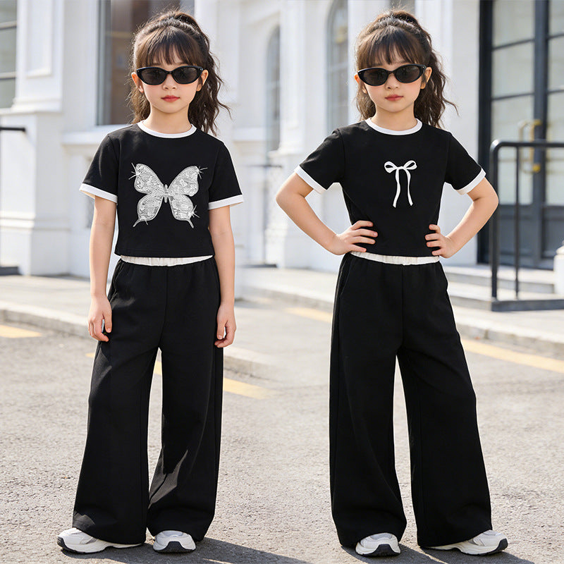 Girls'  short-sleeve lightweight outfit set: wide-leg pants, thin summer style, new butterfly two-piece set for girls
