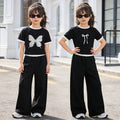 Girls'  short-sleeve lightweight outfit set: wide-leg pants, thin summer style, new butterfly two-piece set for girls