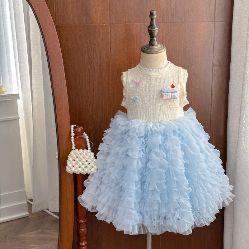 Girls' chanel-inspired dress,  summer sweet tiered dress, kids' mesh sweet tank dress, puffy skirt trend