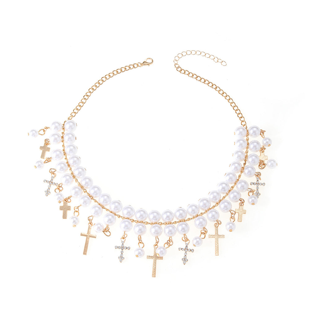 Vintage multi-layer faux pearl necklace, european and american fashion, unique design with diamond-accented cross pendant, choker necklace