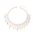 Vintage multi-layer faux pearl necklace, european and american fashion, unique design with diamond-accented cross pendant, choker necklace