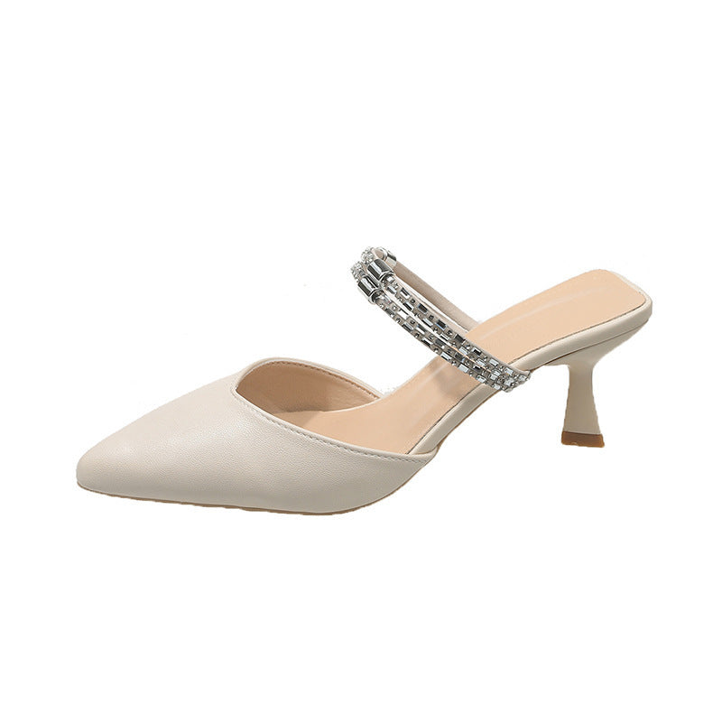Baotou sandals women's mid-heeled two-wear slippers summeroutwear pointed toe stiletto rhinestone back hollow flats women 2025new arrival