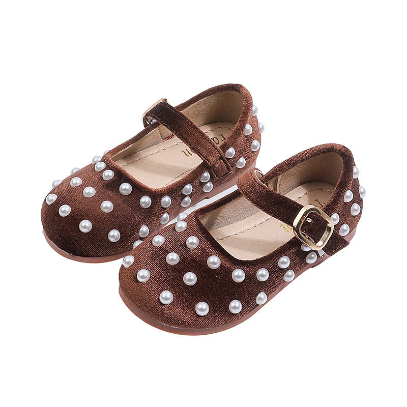 Vancahao girls' french round-toe flats with pearl detail -  spring new collection, soft sole, single strap, flat shoes