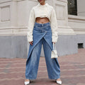 Fashionjeans women's high waist cross wrap fake two-piece culottes exportniche stylesense of design wide leg denim pants