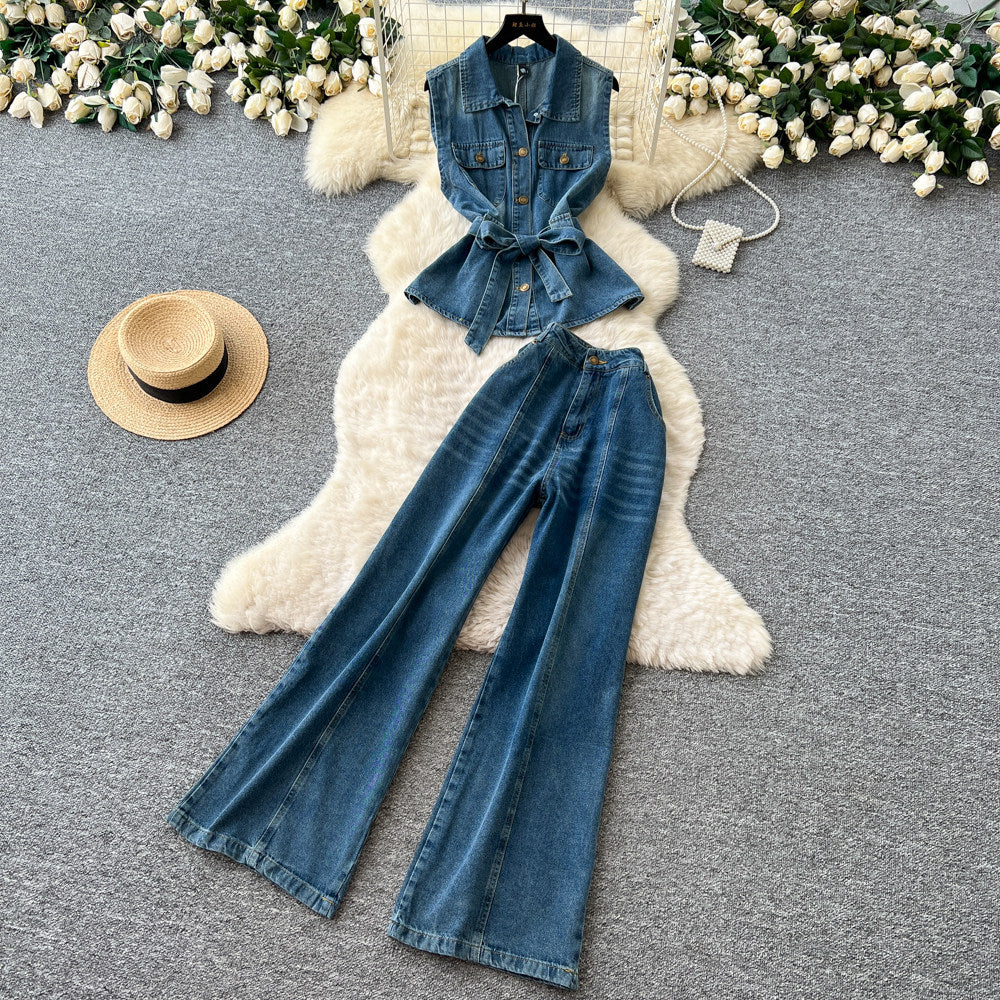 Hong kong style spicy girl sleeveless denim two-piece set - women's summer slimming tank top & high-waisted pants casual chic outfit