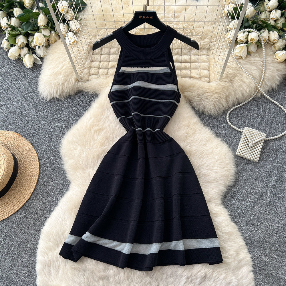 K-stylestripescut out sleeveless knittingdress women's summerhigh waist a-line skirtwork clothingclassyelegant skirt