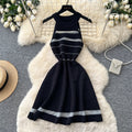 K-stylestripescut out sleeveless knittingdress women's summerhigh waist a-line skirtwork clothingclassyelegant skirt