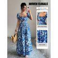 Women's summer printed bubble sleeve tie-front shirred waist maxi dress - perfect for vacation and date night
