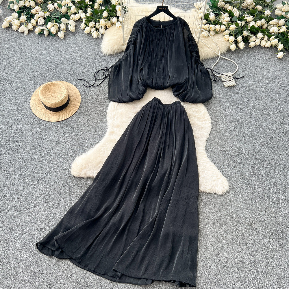 Vacation style pleated lantern sleeve shirt high waist skirt women's autumkorean style outfit pleatedeleganttwo-piece set