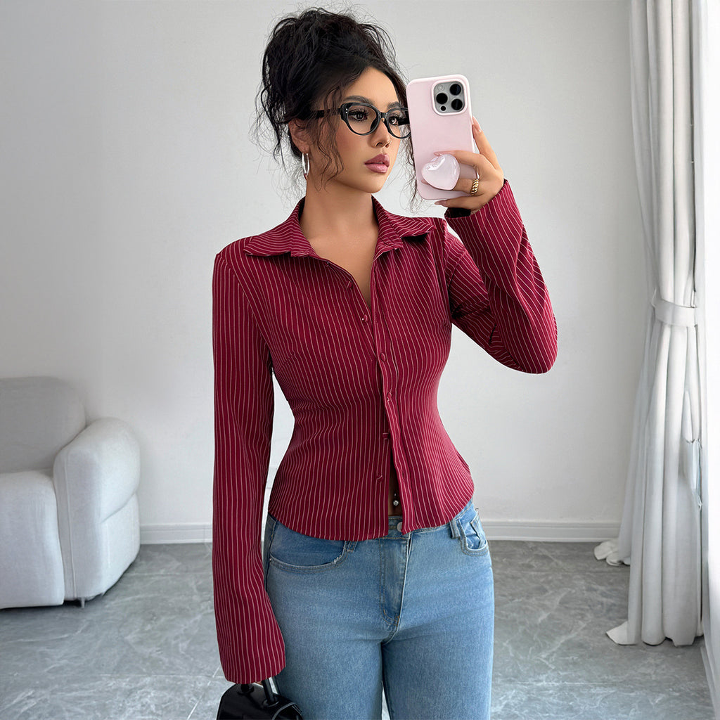 Cross-border European and American casual simple high-end striped long-sleeved cardigan shirt women's clothing 2025 autumn and winter  independent station