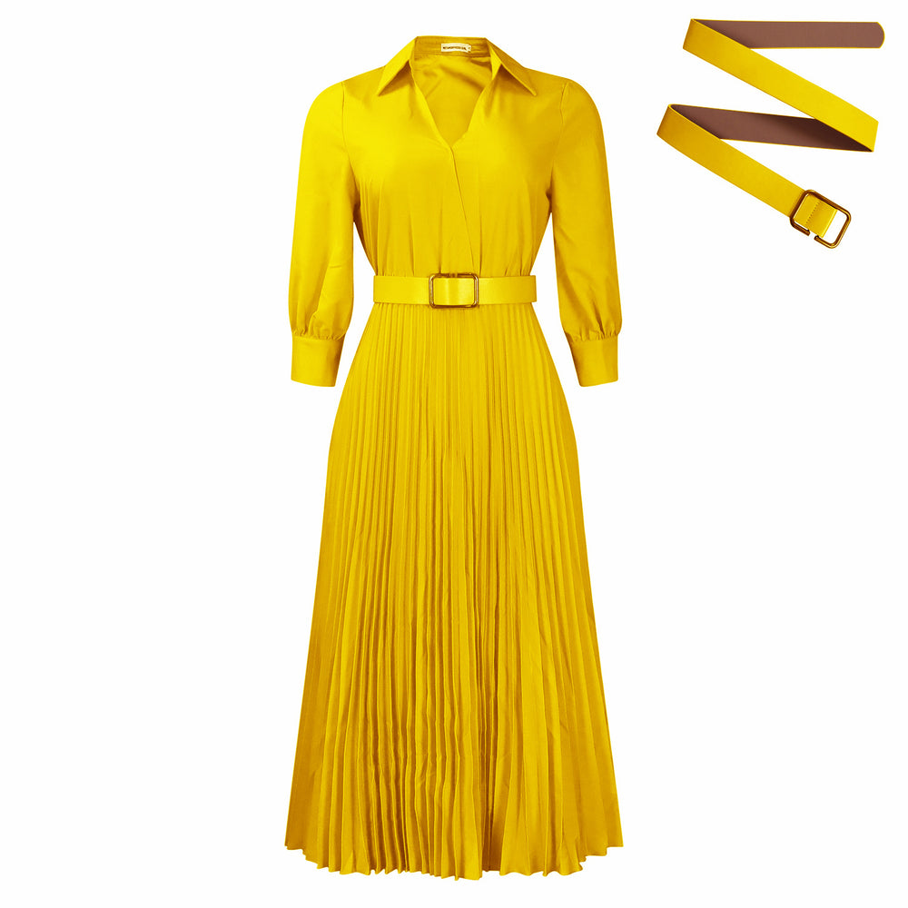 D3327  women's clothing  spring new fashion v-neck solid color long sleeve pleated maxi dress - export quality
