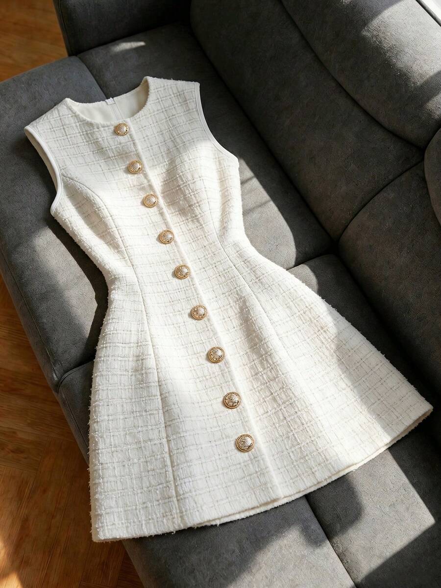 european and american cross-border new arrival: fitted, round neck, sleeveless knitted mini dress with a chanel-inspired aesthetic