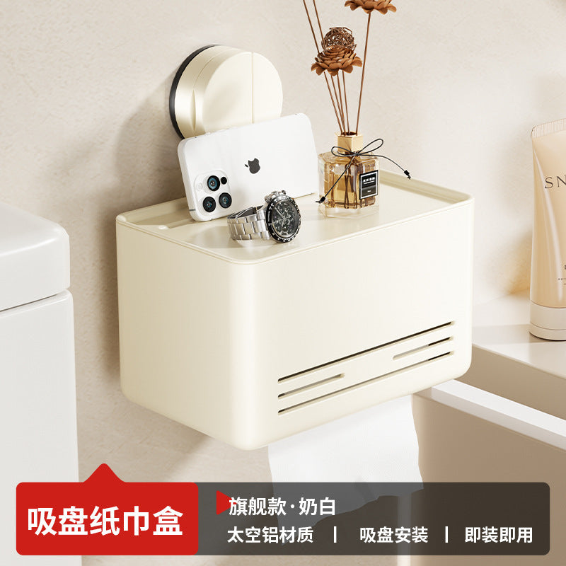 Bathroom suction cup tissue box wall mount - no drilling required - toilet paper holder for roll and sheet tissue - storage rack