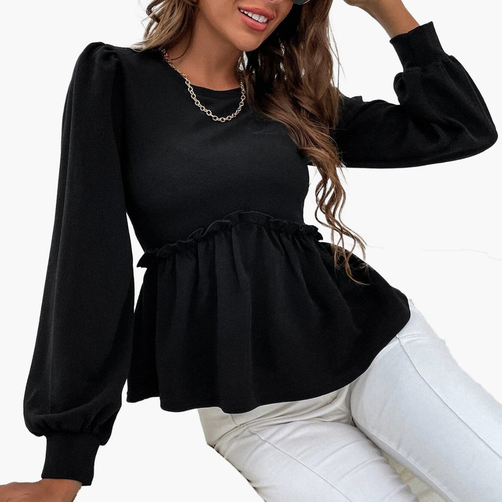 Cross-border 2024 European and American women's clothing temperament commuter round neck bubble long-sleeved shirt ruffle edge design pullover top